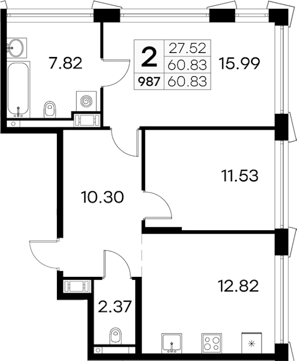 2-комнатная квартира 60.83 м², 18/19 эт., ЖК «GloraX Aura Vasileostrovsky»